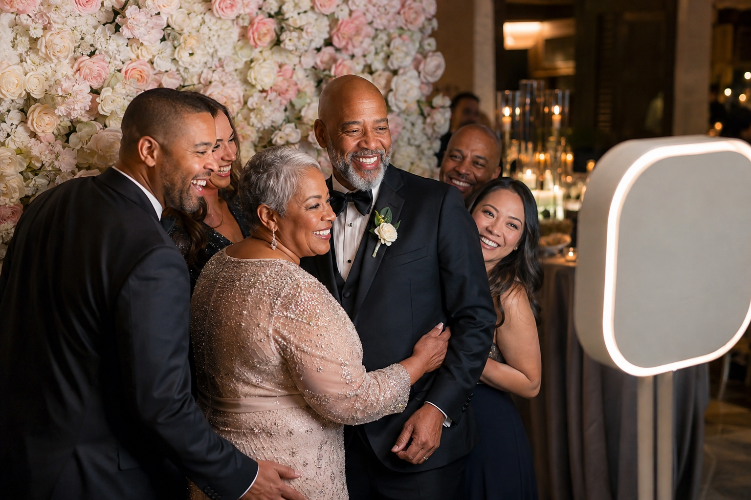 An anniversary couple and friends posing at a flower-wall photo booth