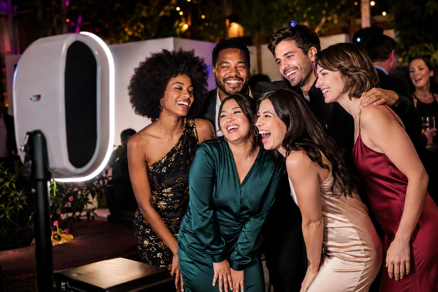 Friends celebrating a birthday at a modern photo booth