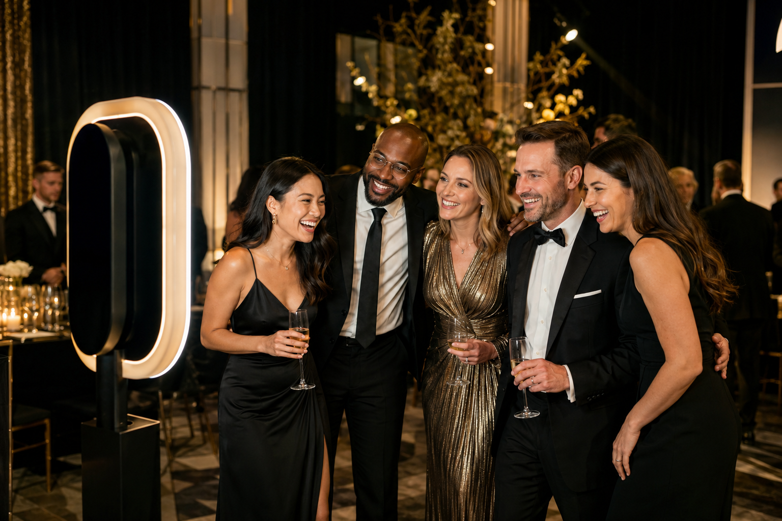 Colleagues enjoying a photo booth at an elegant corporate gala