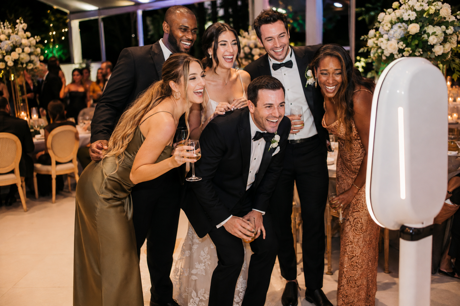 Newlyweds and guests enjoying a photo booth at a wedding reception